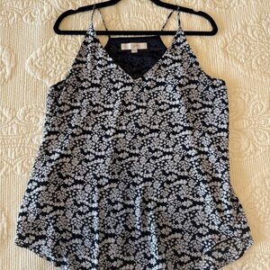 LOFT Women's navy blue and white floral silky camisole - M